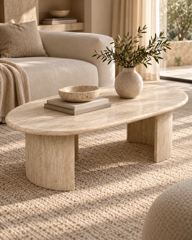 Highgate oval travertine coffee table with rounded 130cm top
