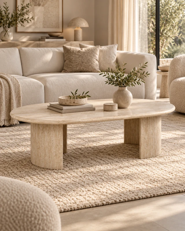 Highgate Travertine Coffee Table 130cm in a neutral luxury living room