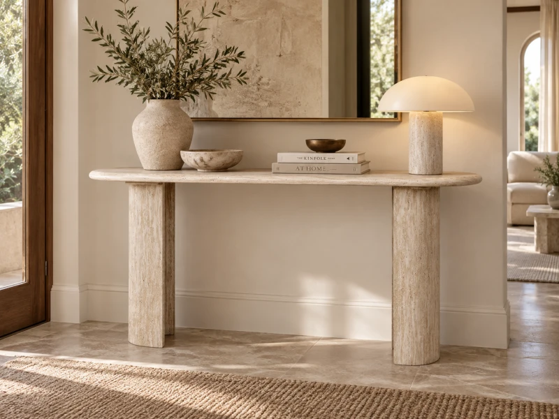 Highgate Travertine Console Table 159cm styled in an elegant hallway