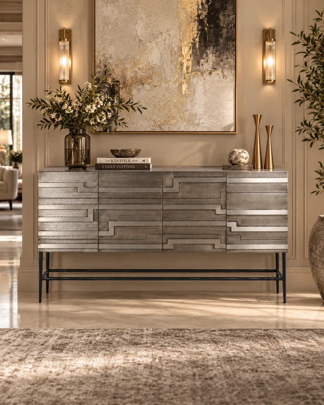 Antique silver sideboard with textured aluminium geometric design