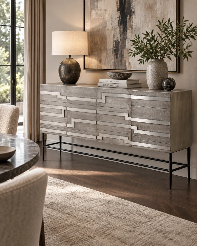 Sloane Silver Sideboard styled in an elegant contemporary living room