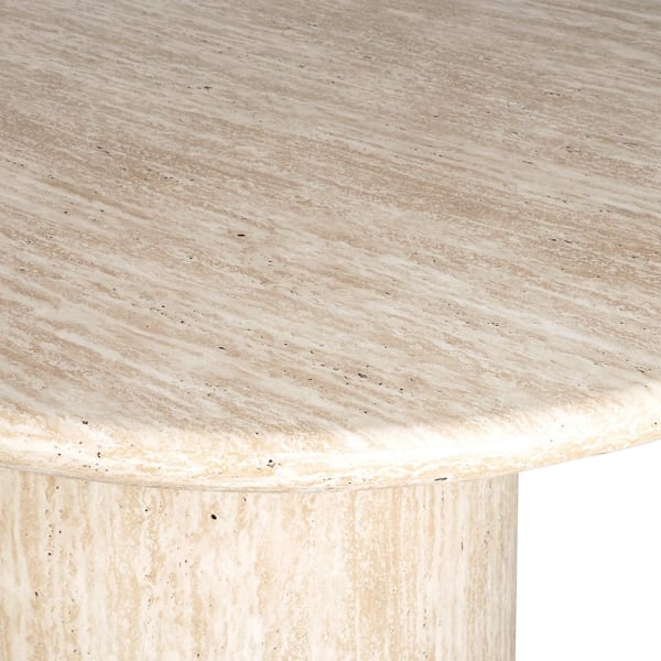 Close-up of Highgate dining table travertine surface and rounded edge