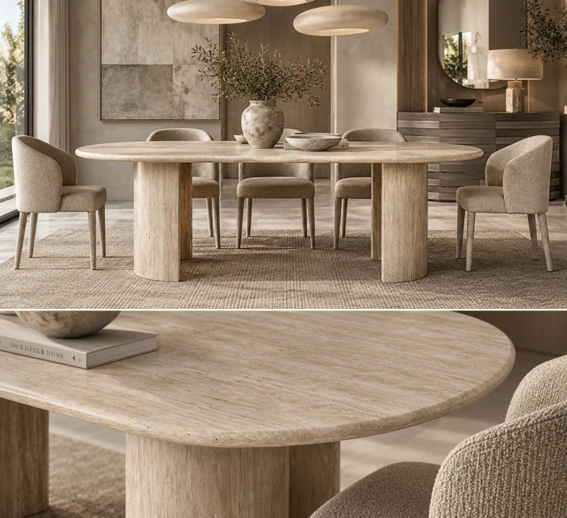 Highgate Travertine Dining Table 220cm in an elegant neutral dining room