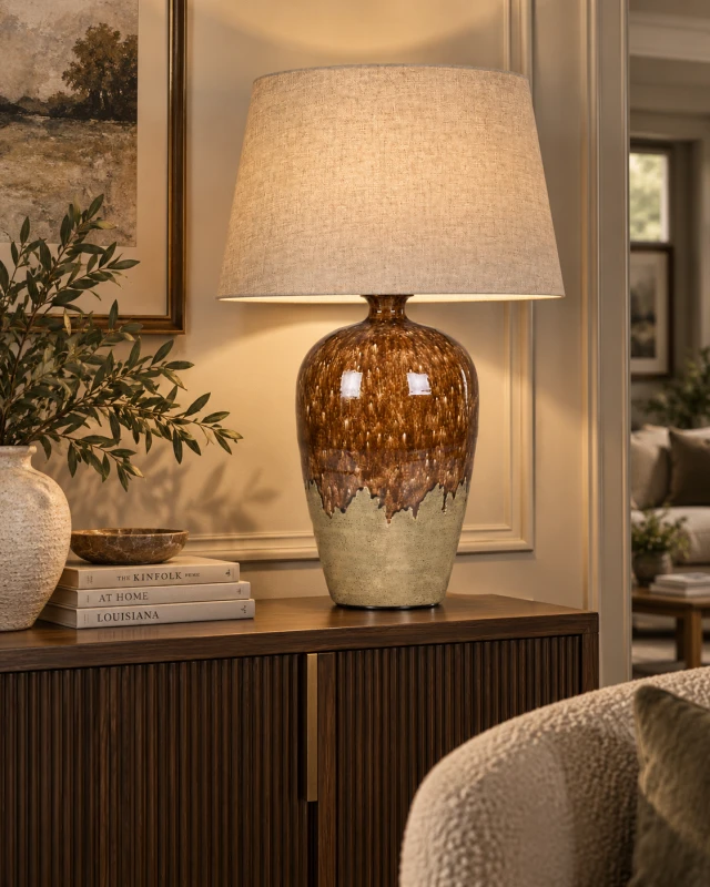 Brompton Hickory Stoneware Table Lamp styled on a dark wood sideboard