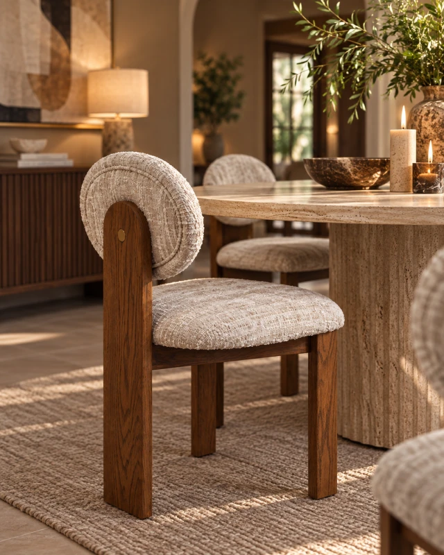 Holland Park Bouclé Dining Chair styled at a travertine dining table