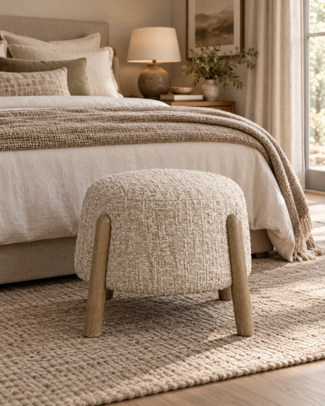 Belsize Cream Bouclé Footstool styled in an elegant neutral bedroom