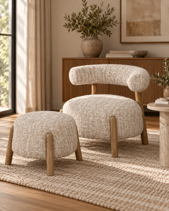 Belsize Bouclé Armchair and matching footstool in a refined living room