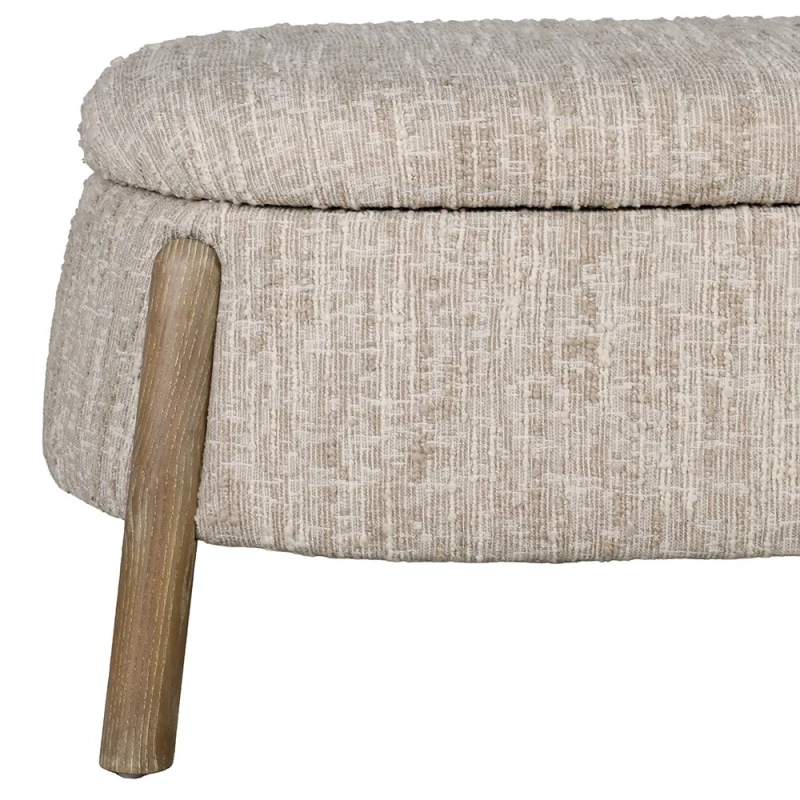 Close-up of Belsize storage bench cream upholstery and oak leg