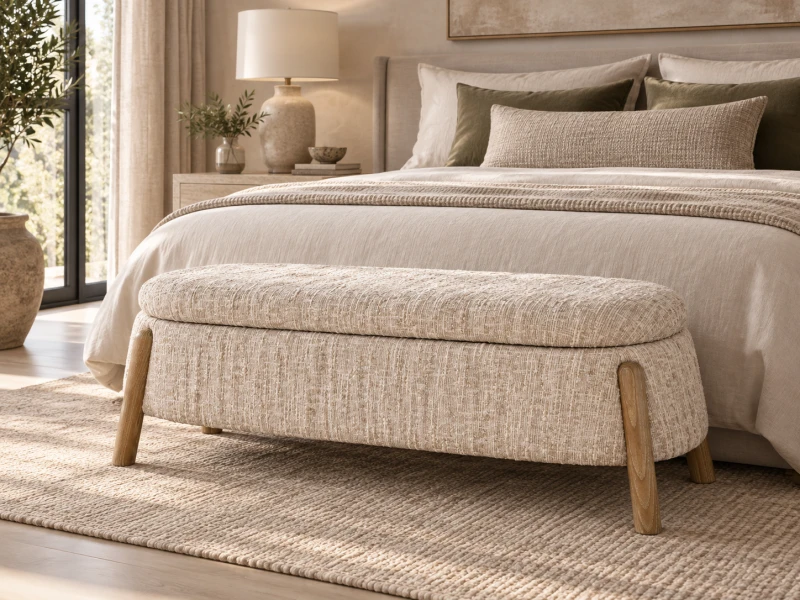 Belsize Bouclé Storage Bench styled at the end of a bed in an elegant bedroom