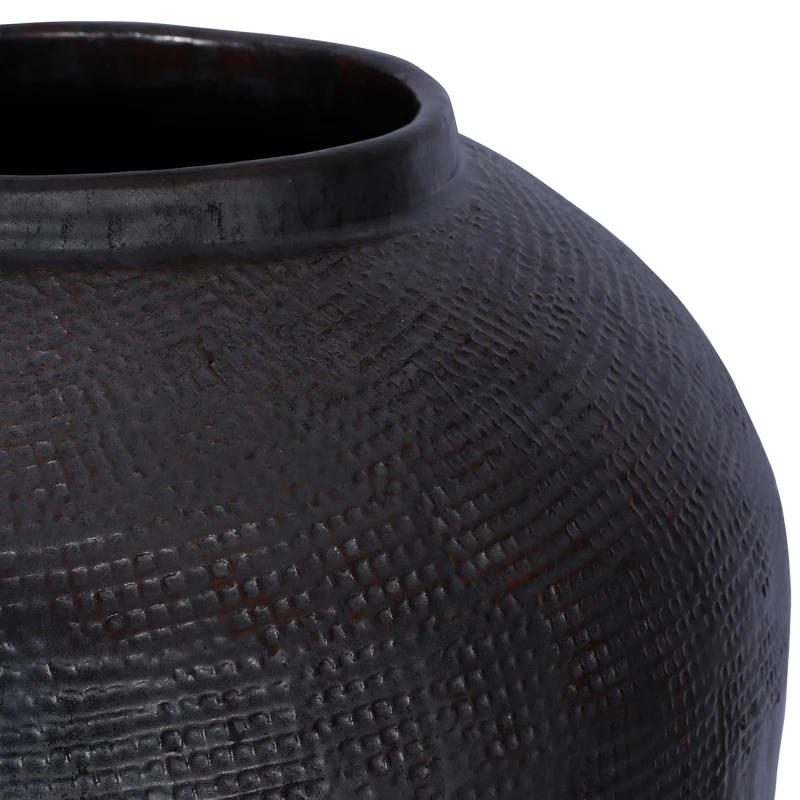 Close-up of St James black floor vase opening and antiqued ceramic finish