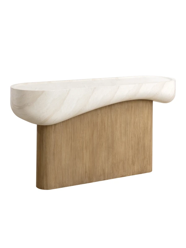 Oreste sculptural concrete console table with light wood-effect base