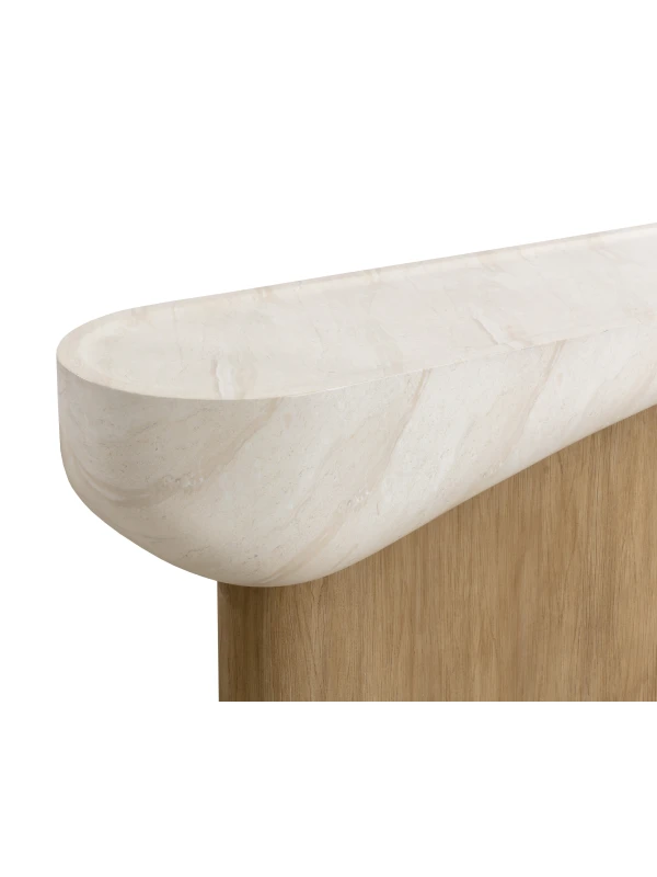 Close-up of Oreste cream travertine-effect console table top