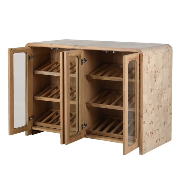 Burl drinks cabinet with open doors and wooden bottle racks