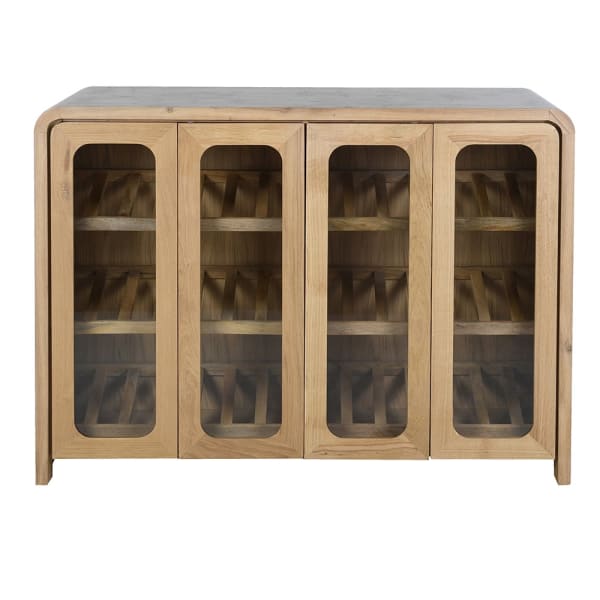 Burl drinks cabinet with open doors and wooden bottle racks