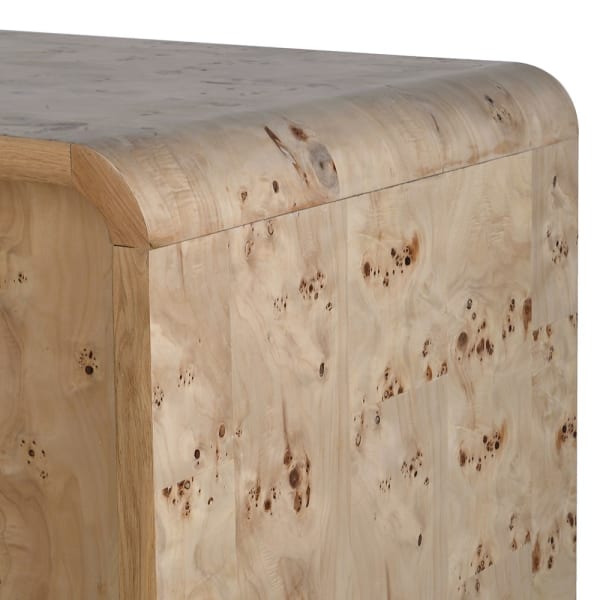 Close-up of Burl home bar cabinet natural wood grain