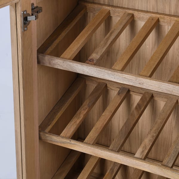 Close-up of wooden bottle racks inside Burl drinks cabinet