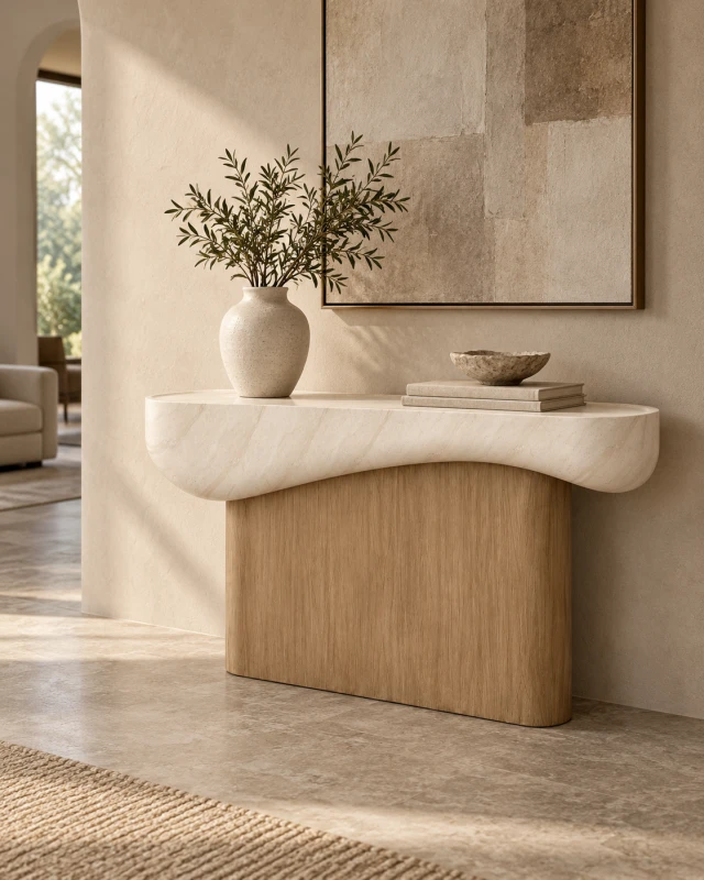 Oreste sculptural concrete console table with light wood-effect base