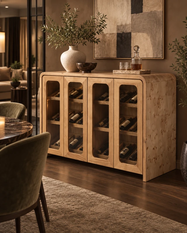 Burl Home Bar Cabinet styled with wine bottles in an elegant dining room