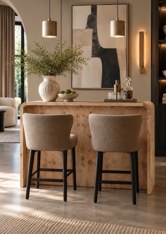 Burl Home Bar Cabinet styled with wine bottles in an elegant dining room