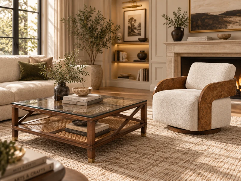 Shire Square Coffee Table in Indian Melia Wood – Brown, Glass Top, 100 × 100 cm