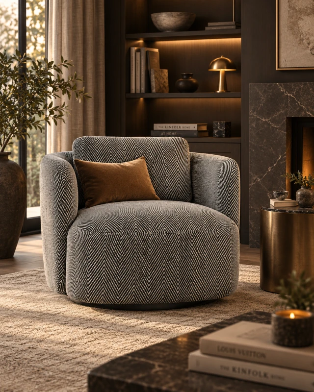 Fitzrovia herringbone swivel armchair in a luxury contemporary living room