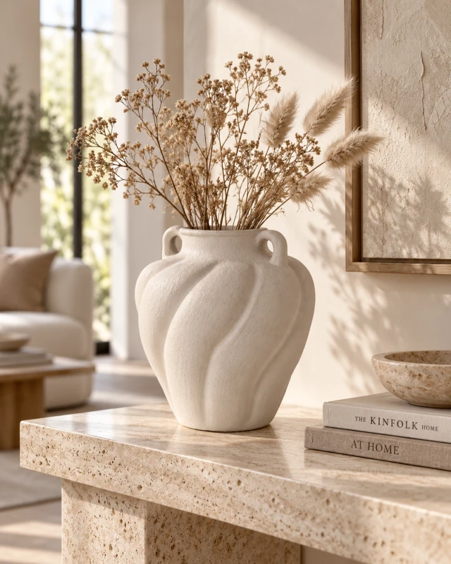 Sculptural beige Belgravia vase with twin handles