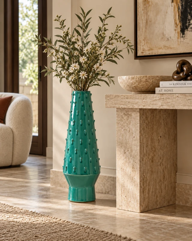 Tall turquoise ceramic vase with fresh flowers in a luxury interior
