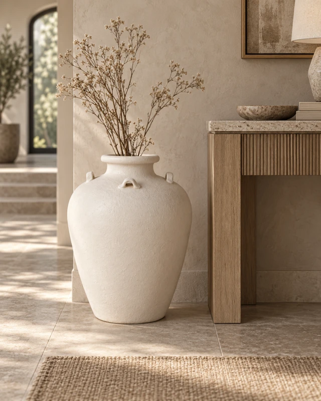 Large Kensington cream vase styled on the floor in a luxury interior