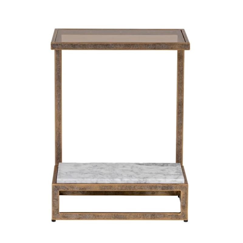 Alice gold side table with marble shelf and smoked glass top