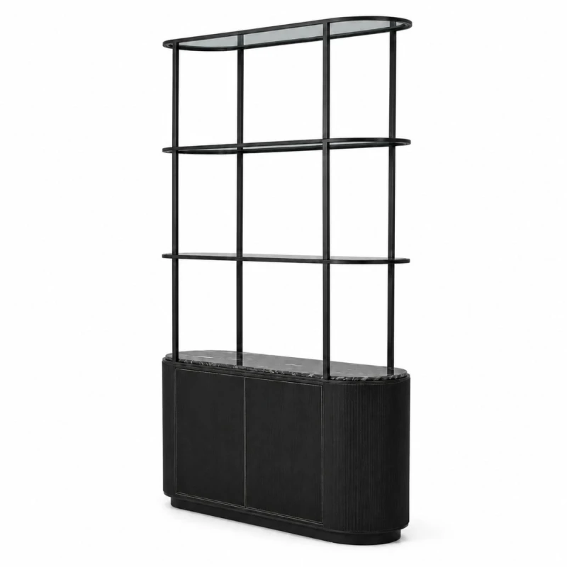 Primrose Black marble shelving unit 204cm with smoked glass shelves