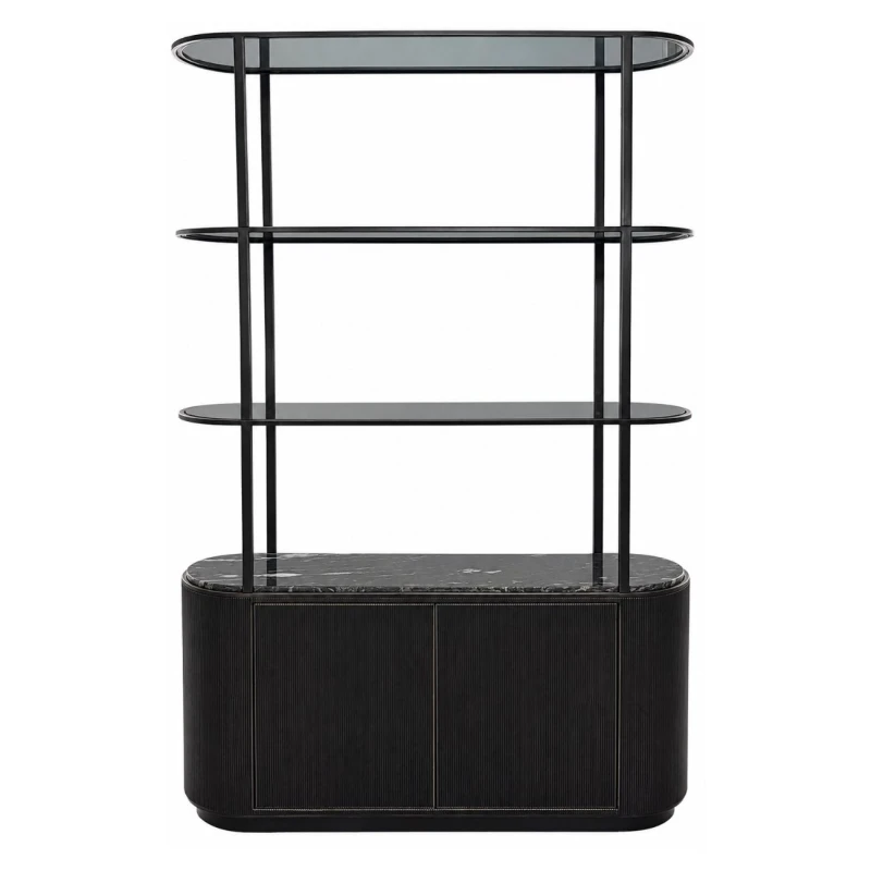 Primrose Black display shelving unit with tinted glass shelves – front view