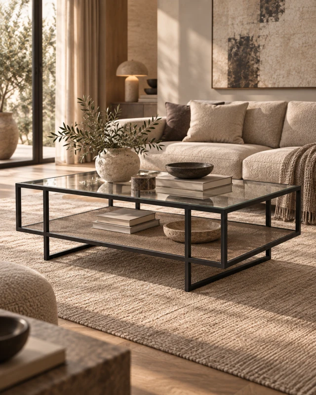 Rectangular Coffee Table with Glass Top and Wicker Shelf