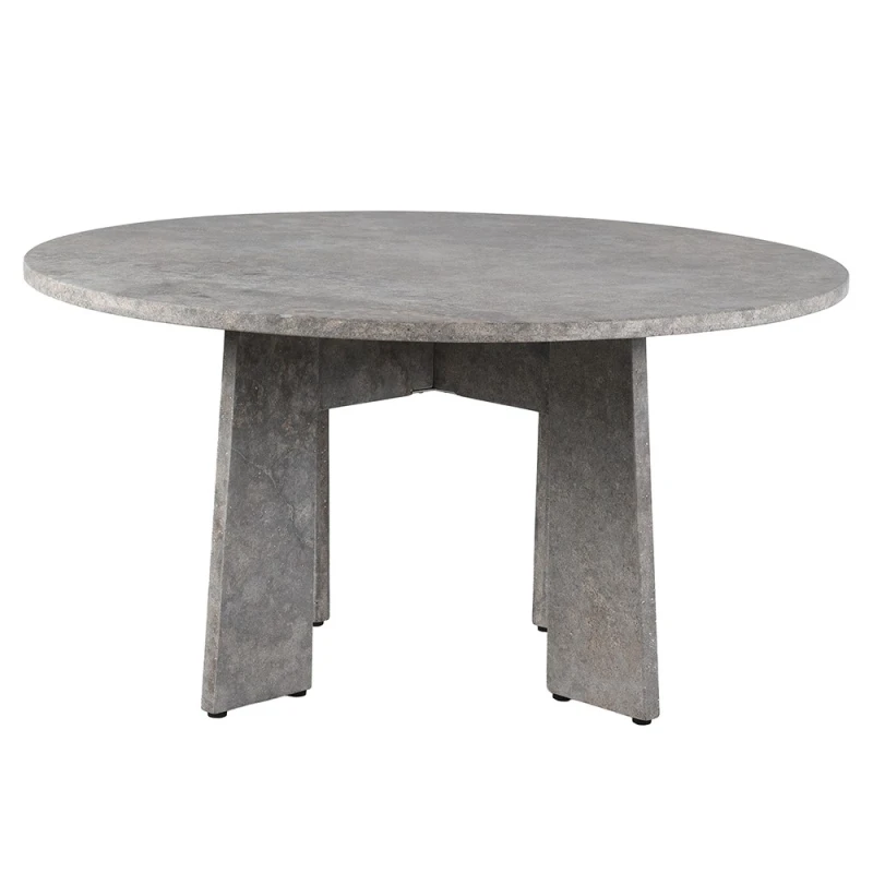 Mayfair round travertine dining table with geometric pedestal base