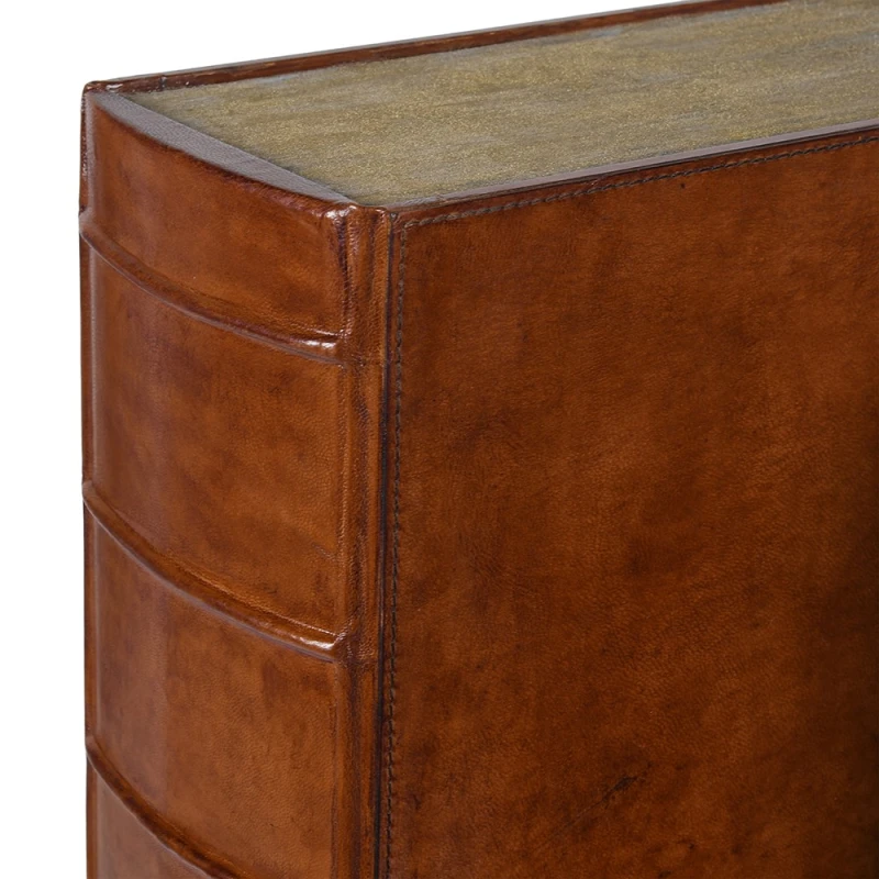 Close-up of stitched brown leather finish on Chester decorative book box