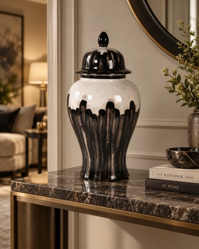 Hampton Black and White 57cm ceramic ginger jar with lid