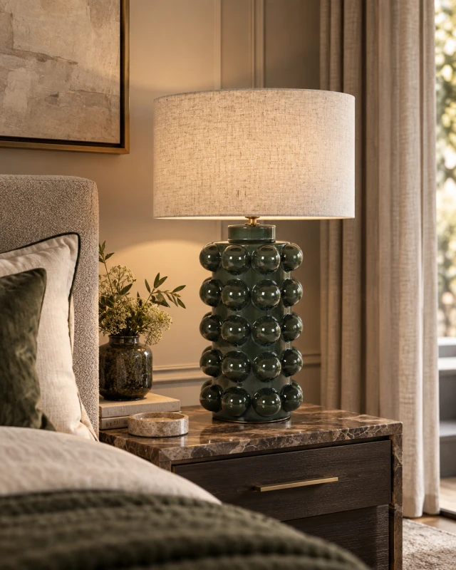 Bobble green ceramic table lamp 65cm with natural linen shade