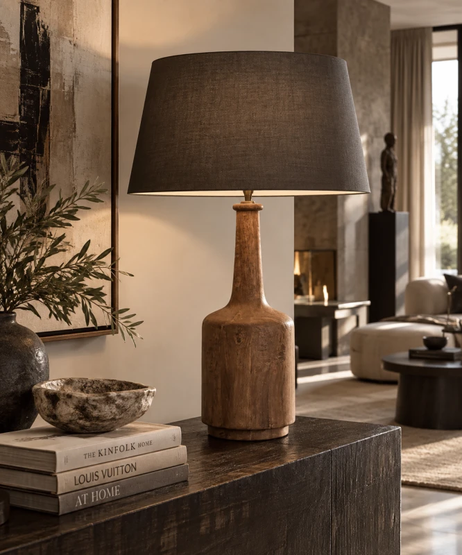 Fiador mango wood table lamp 78cm with black cotton shade