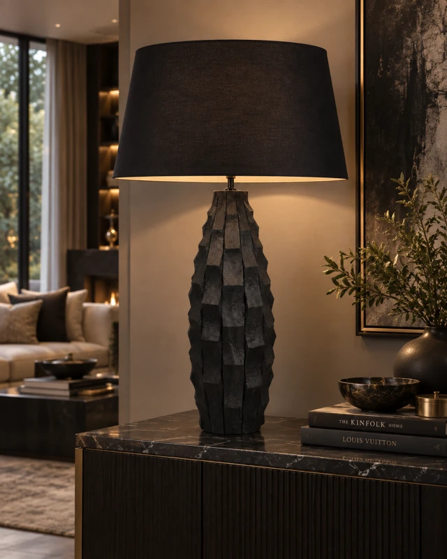 Obsidian Mango black table lamp styled on a console in a refined interior