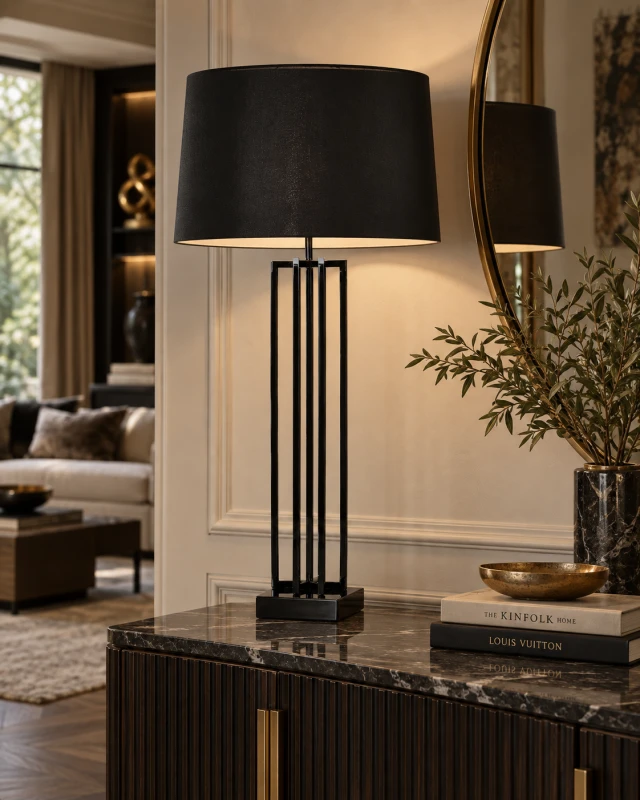 Eaton Black tall table lamp 105cm with black linen shade