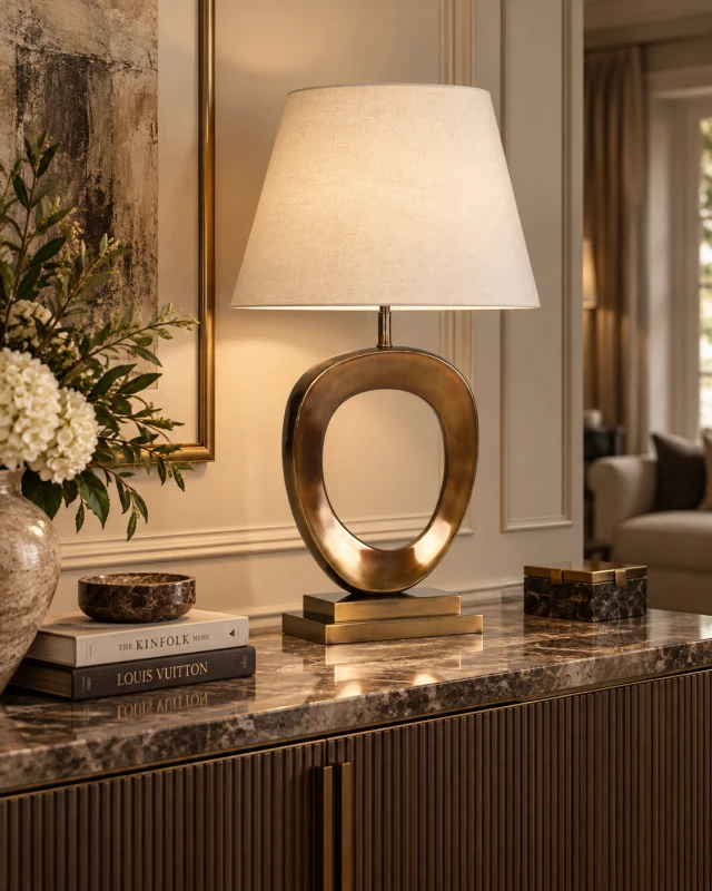 Richmond sculptural gold table lamp with open stainless steel base