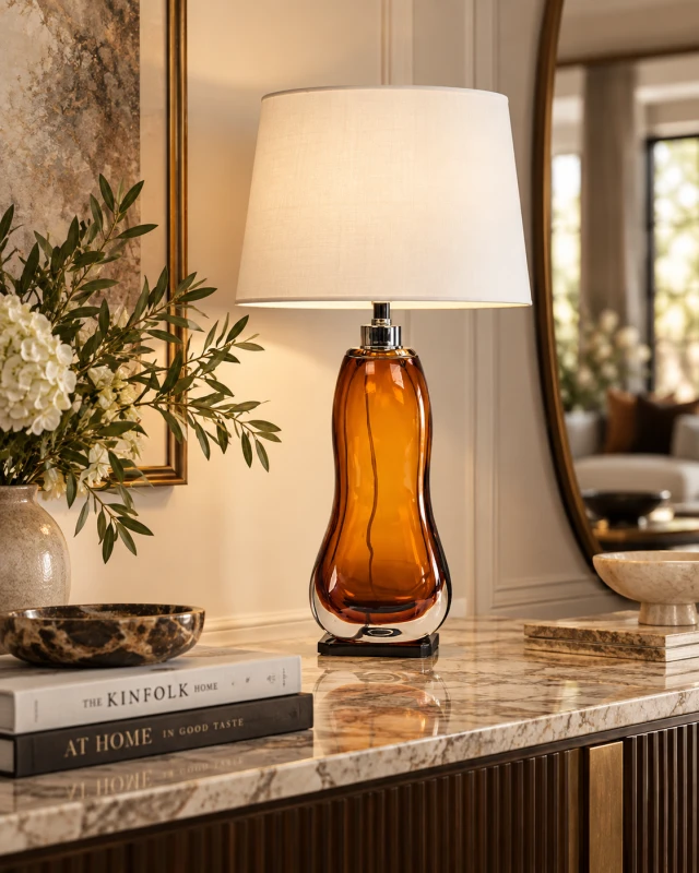 Colours Orange glass table lamp with sculptural amber base