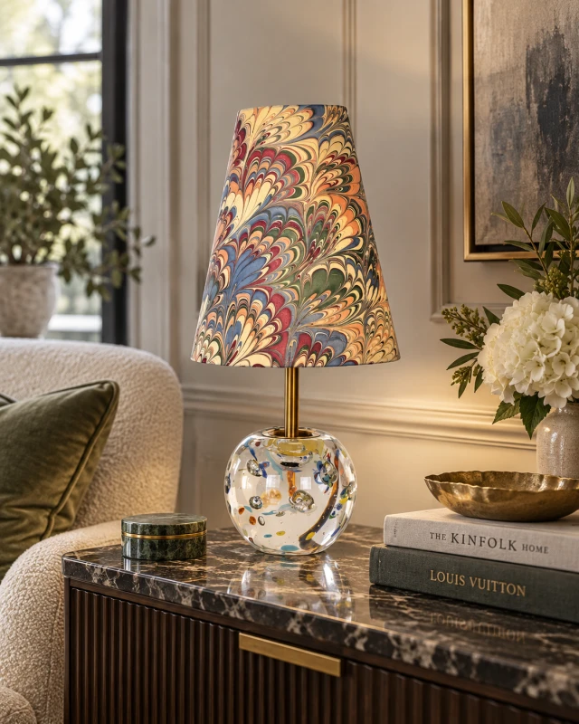Portobello coloured glass table lamp styled on a luxury sideboard