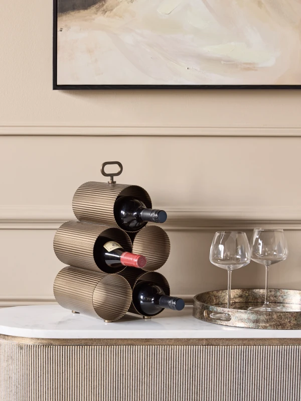 Primrose wine rack styled on a sideboard in a refined home bar setting