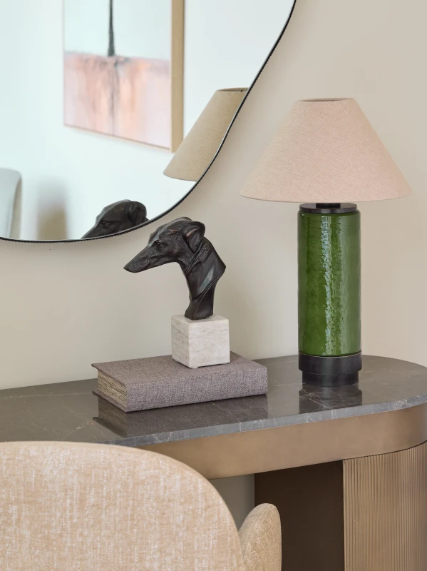 Mayfair Hound dog sculpture styled on a console table in a refined interior