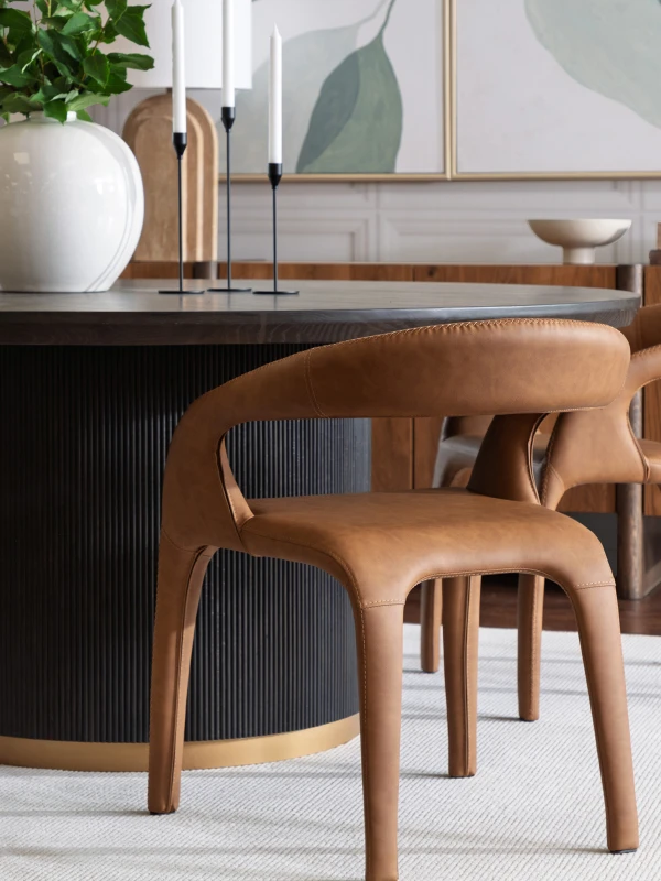 Langham Brown dining armchair styled at a contemporary dining table