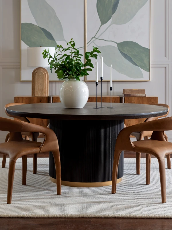 Langham Brown dining armchair styled at a contemporary dining table
