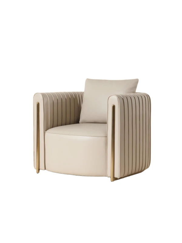 Cream lounge chair with channelled upholstery and gold details