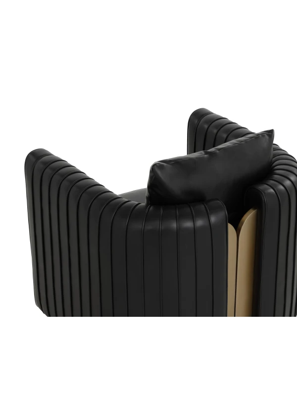 Close-up of black faux leather and gold detail