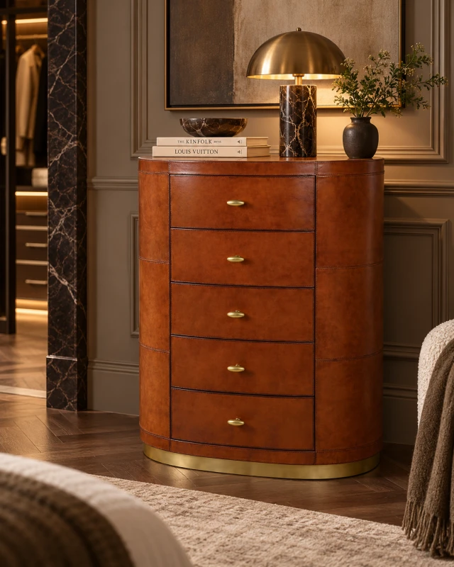 Brown leather 5 drawer chest with gold handles