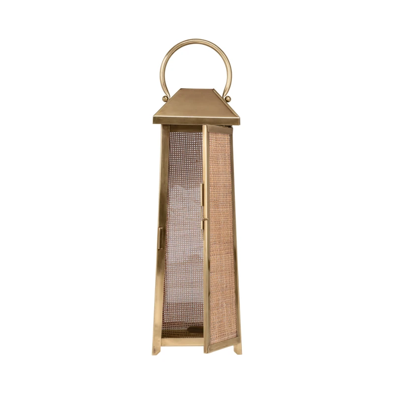Woven rattan panel detail on antique brass lantern